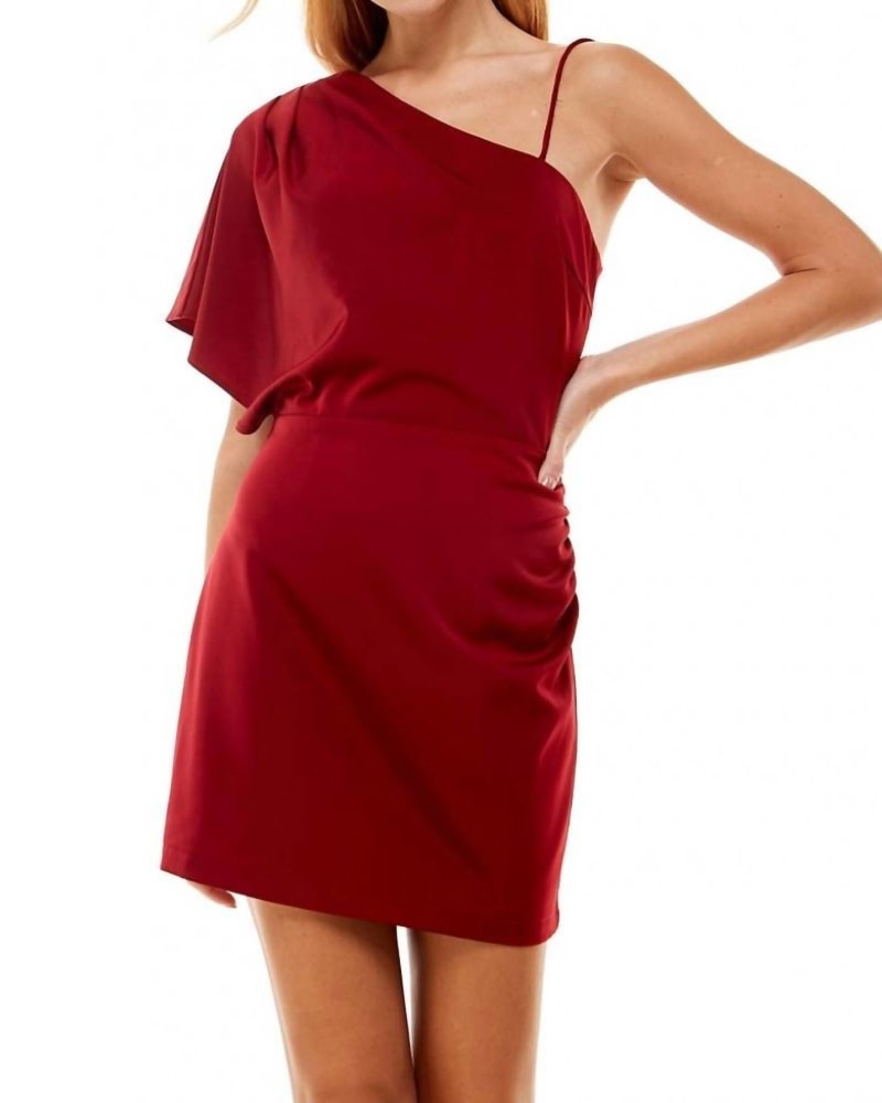 Front of a model wearing a size Large One Shoulder Spaghetti Strap Dress in Burgundy in Burgundy by TCEC. | dia_product_style_image_id:335230